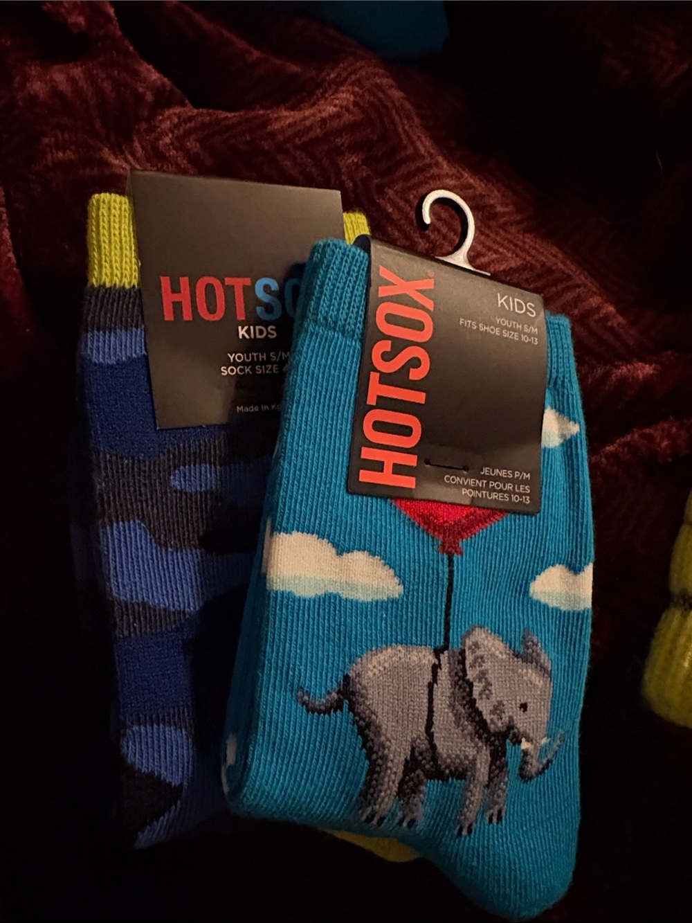 Hot Sox Kids Teal Elephant & Red Balloon Crew Socks second pair blue camouflage